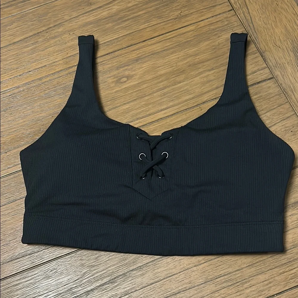Black Lace-Up Ribbed sports bra - Picture 1 of 7